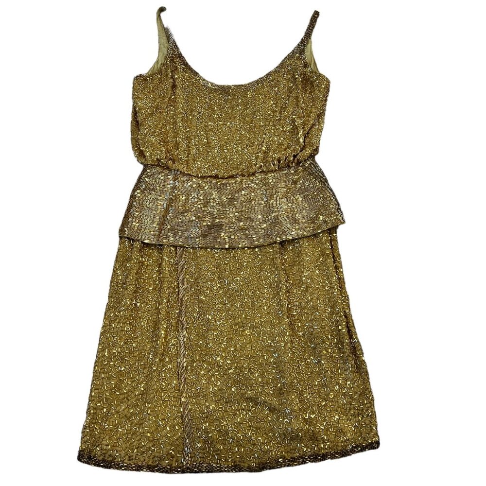 Black Tie Oleg Cassini Vintage Liquid Gold Beaded Silk Cocktail Dress Women's 4
